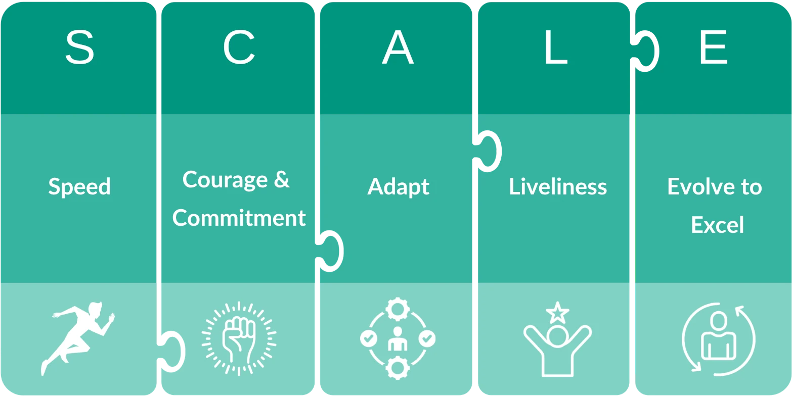 Our values – SCALE: Speed, Courage & Commitment, Adapt, Liveliness, Evolve to Excel